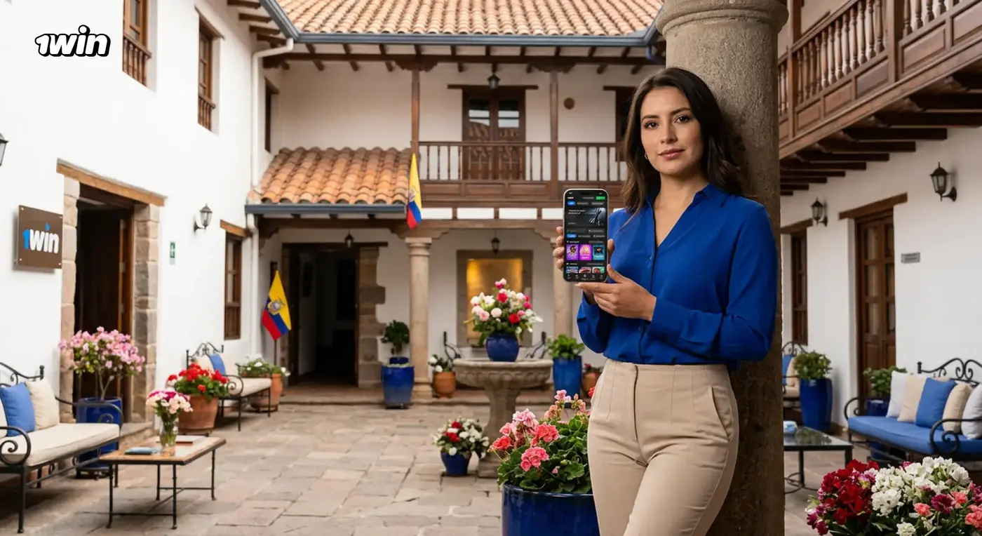 Mujer en el patio de una casona colonial ecuatoriana que muestra la app de 1win en su celular