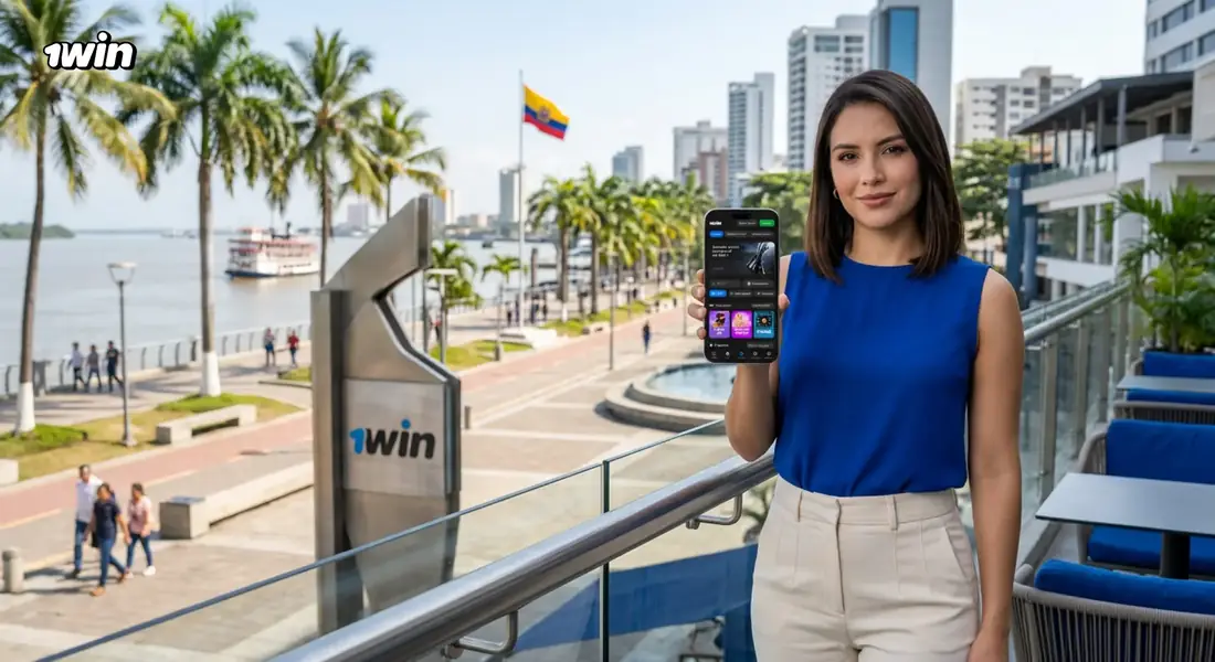 Joven en un balcón frente a un malecón con palmeras que muestra la app de 1win en su celular, con la bandera de Ecuador