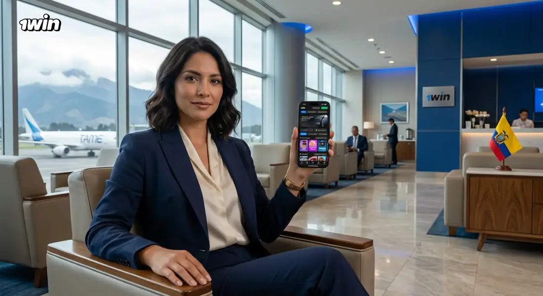Mujer en la sala de espera de un aeropuerto con la app de 1win abierta en su celular