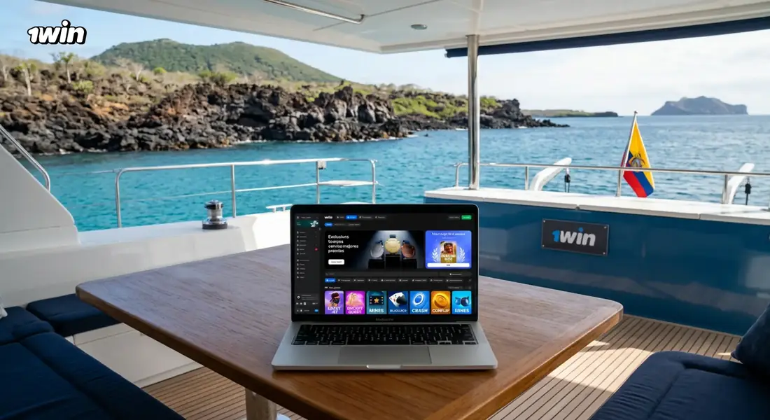 Laptop con 1win abierta sobre la cubierta de un yate frente a una costa volcánica, con la bandera de Ecuador
